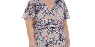 R & M Richards Women's Floral Print Flutter Sleeve Faux Wrap Dress Brown Size 20W