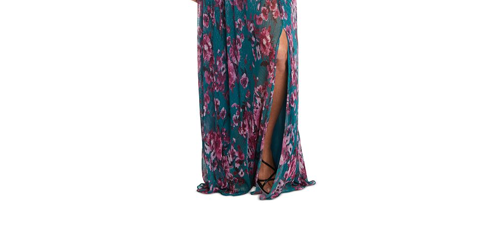 Nightway Women's V Neck Floral Print Gown Black Size 4 Petite