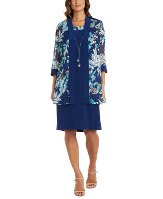 R & M Richards Women's Printed Jacket & Necklace Dress Blue Size 18W
