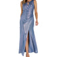 Nightway Women's Metallic Keyhole Neck Gown Blue Size 12 Petite