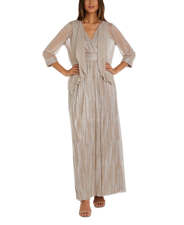 R & M Richards Women's 2 Pc Metallic Jacket & Dress Brown Size 12Petite