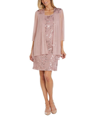 R & M Richards Women's Sequined Scoop Neck Dress & Jacket Brown Size 14