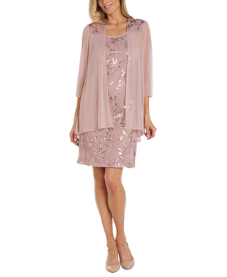 R & M Richards Women's Sequined Scoop Neck Dress & Jacket Brown Size 14