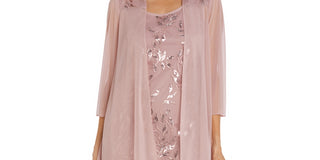 R & M Richards Women's Sequined Scoop Neck Dress & Jacket Brown Size 14