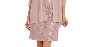 R & M Richards Women's Sequined Scoop Neck Dress & Jacket Brown Size 14