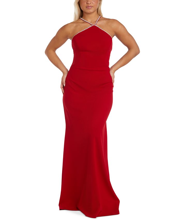 Nightway Women's Embellished Ruched Halter Gown Red Size 12