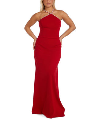 Nightway Women's Embellished Ruched Halter Gown Red Size 12