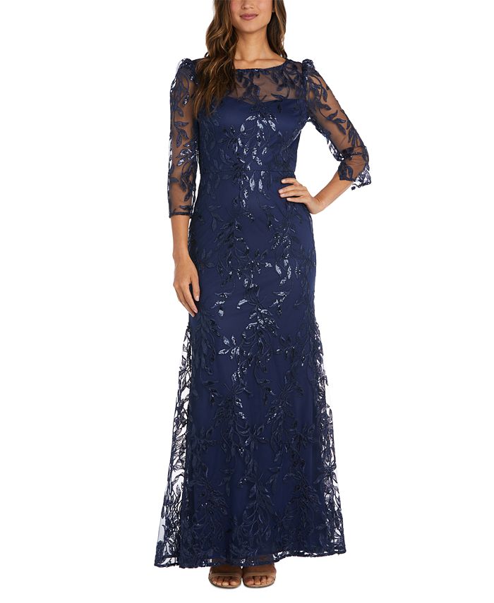 R & M Richards Women's Boat Neck Illusion Lace Dress Blue Size 14