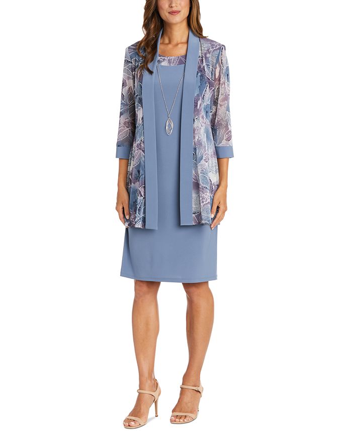 R & M Richards Women's 2 Pc Printed Jacket & Necklace Dress Gray Size 18