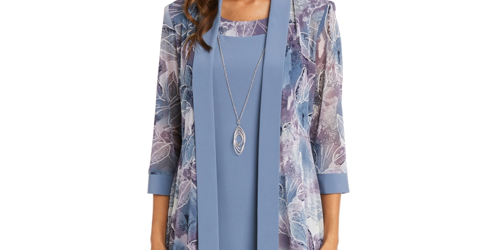R & M Richards Women's 2 Pc Printed Jacket & Necklace Dress Gray Size 18