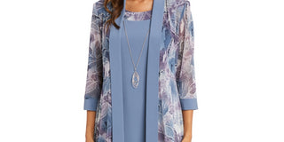 R & M Richards Women's 2 Pc Printed Jacket & Necklace Dress Gray Size 18