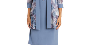 R & M Richards Women's 2 Pc Printed Jacket & Necklace Dress Gray Size 18