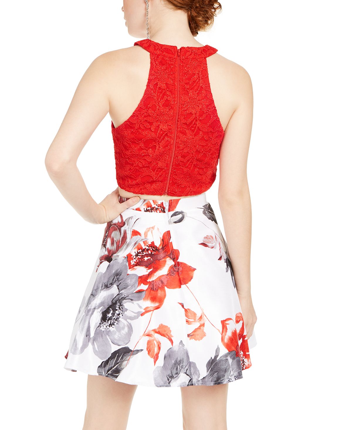 City Studios Junior's 2 Pc Lace & Floral Print Dress Red Size 1