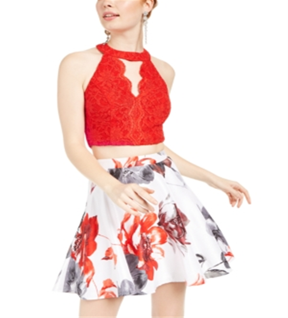 City Studios Junior's 2 Pc Lace & Floral Print Dress Red Size 1