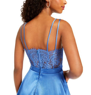 City Studios Women's Lace Spaghetti Strap V Neck Short Fit Flare Evening Dress Blue Size 5