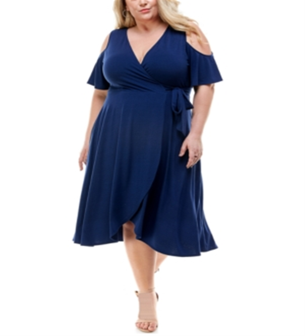 Kingston Grey Women's Cold Shoulder Knee Fit & Flare Dress Blue Size 1X