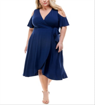 Kingston Grey Women's Cold Shoulder Knee Fit & Flare Dress Blue Size 1X