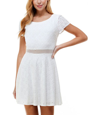 City Studios Junior's Short Sleeve Eyelet Fit & Flare Dress White Size 1