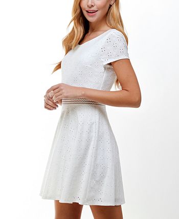 City Studios Junior's Short Sleeve Eyelet Fit & Flare Dress White Size 1