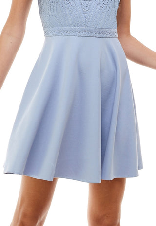 City Studios Women's Cotton Blend Lace Zippered Cap Sleeve Crew Neck Short Fit Flare Dress Blue Size 9