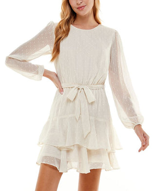 City Studios Women's Long Sleeve Jewel Neck Short Party Fit Flare Dress Brown Size X-Large