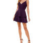 City Studios Women's Stretch Zippered Darted Laced Back Glitter Sheer Spaghetti Strap V Neck Short Party Fit Flare Dress Purple Size 15