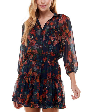 City Studios Junior's Floral Print Shirtdress Blue Size Large