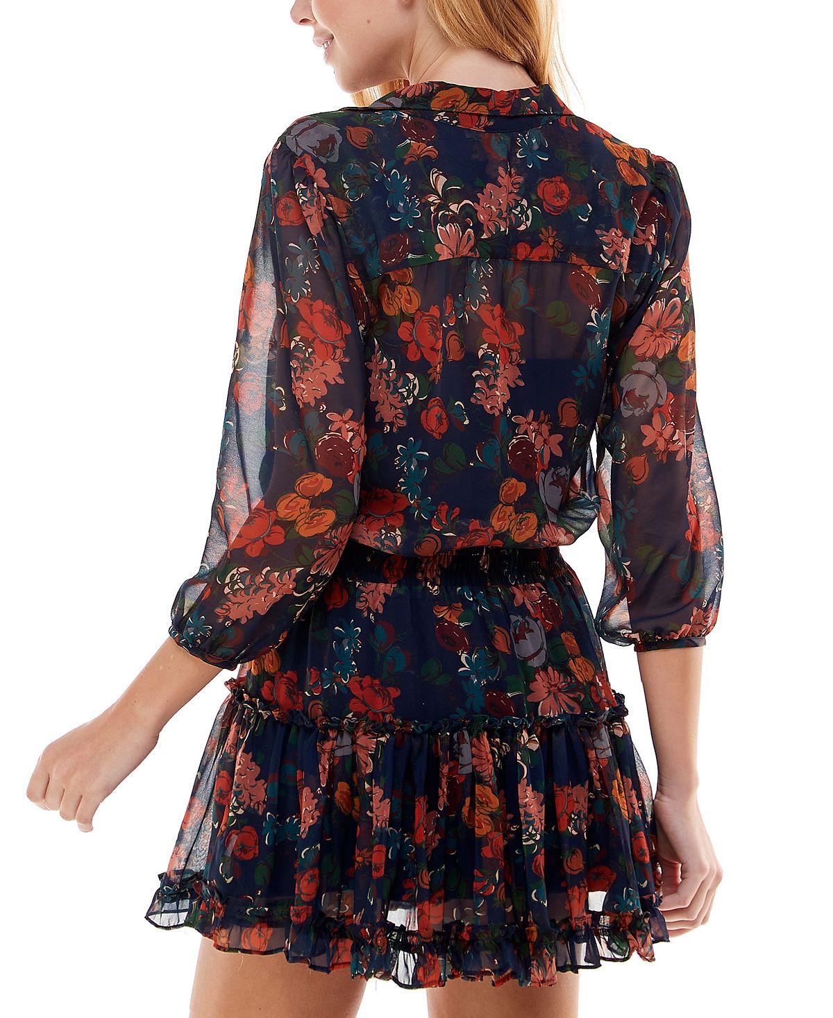 City Studios Junior's Floral Print Shirtdress Blue Size Large