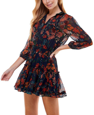 City Studios Junior's Floral Print Shirtdress Blue Size Large