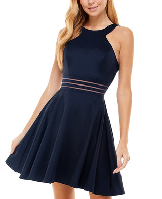City Studios Juniors' Illusion-Waist Scuba Fit & Flare Dress Navy Size 9
