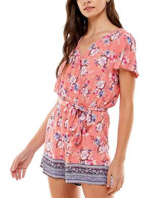 Kingston Junior's Belted Flutter Sleeve Romper Coral Multi Size Small