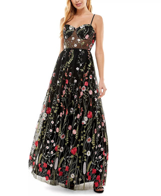 City Studios Junior's Embroidered Illusion Corset Gown Black Size 1