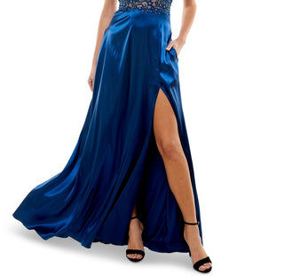 City Studios Women's Embellished Zippered Satin Gown Spaghetti Strap Scoop Neck Dress Blue Size 15