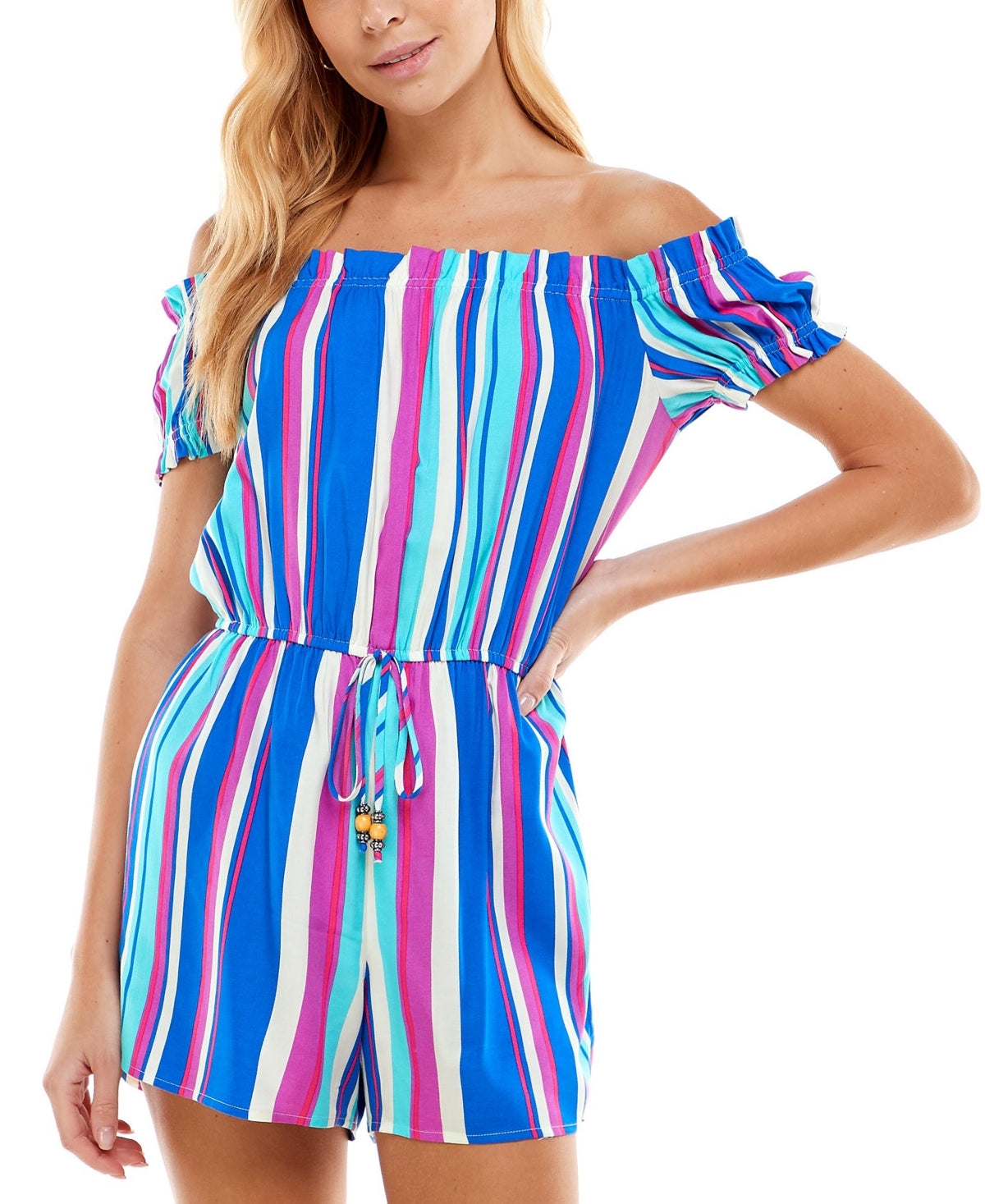 Bebop Women's Striped Off The Shoulder Romper Blue Size Large
