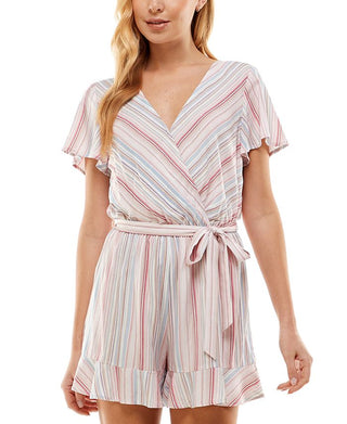 Bebop Junior's Striped Ruffle Hem Romper Pink Size Large