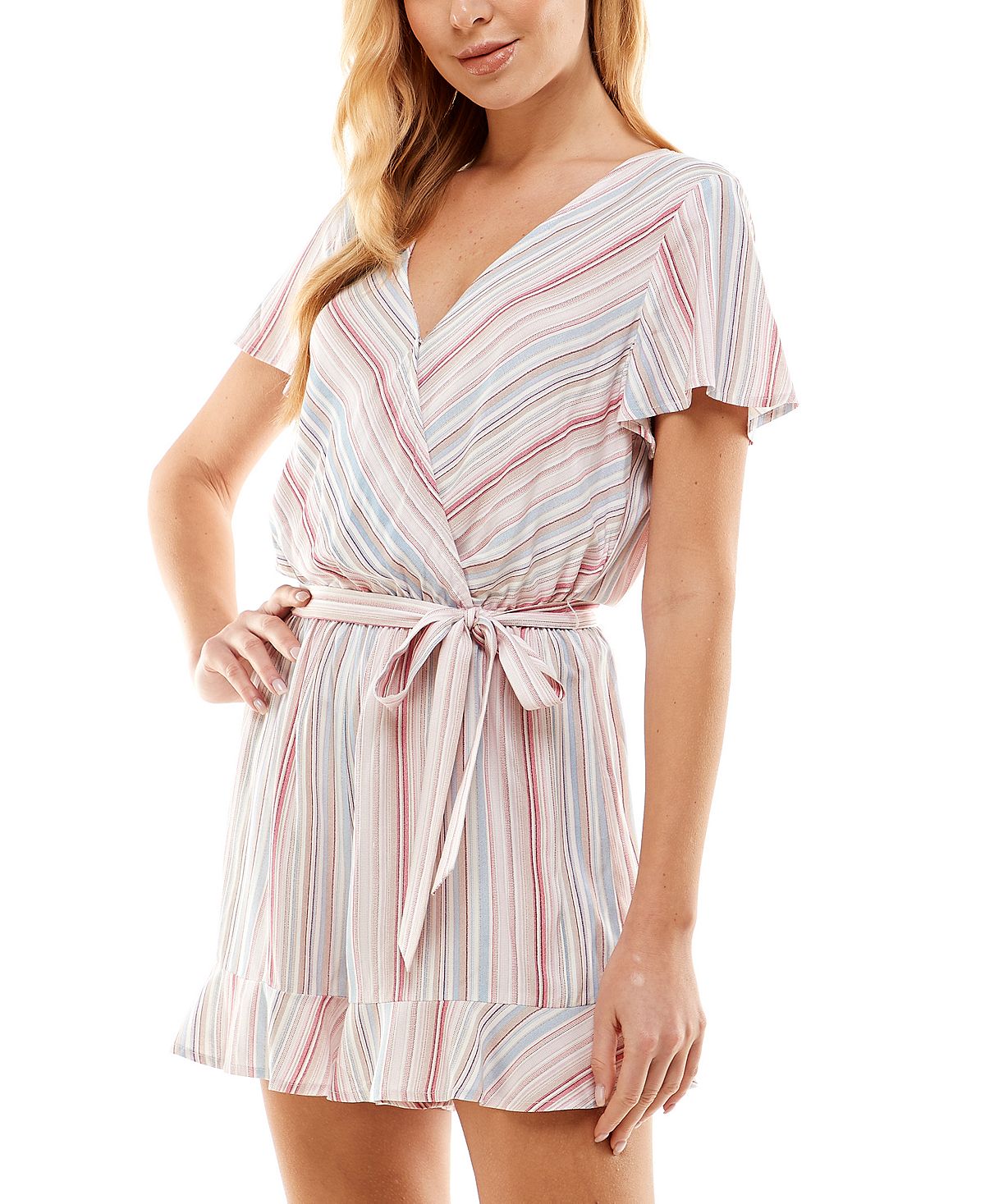 Bebop Junior's Striped Ruffle Hem Romper Pink Size Large