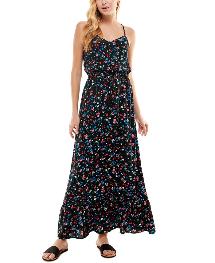 Kingston Grey Junior's Printed Crisscross Maxi Dress Black Size Medium