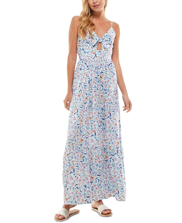 Kingston Junior's Floral Tie Front Tiered Maxi Dress Blue Size Medium