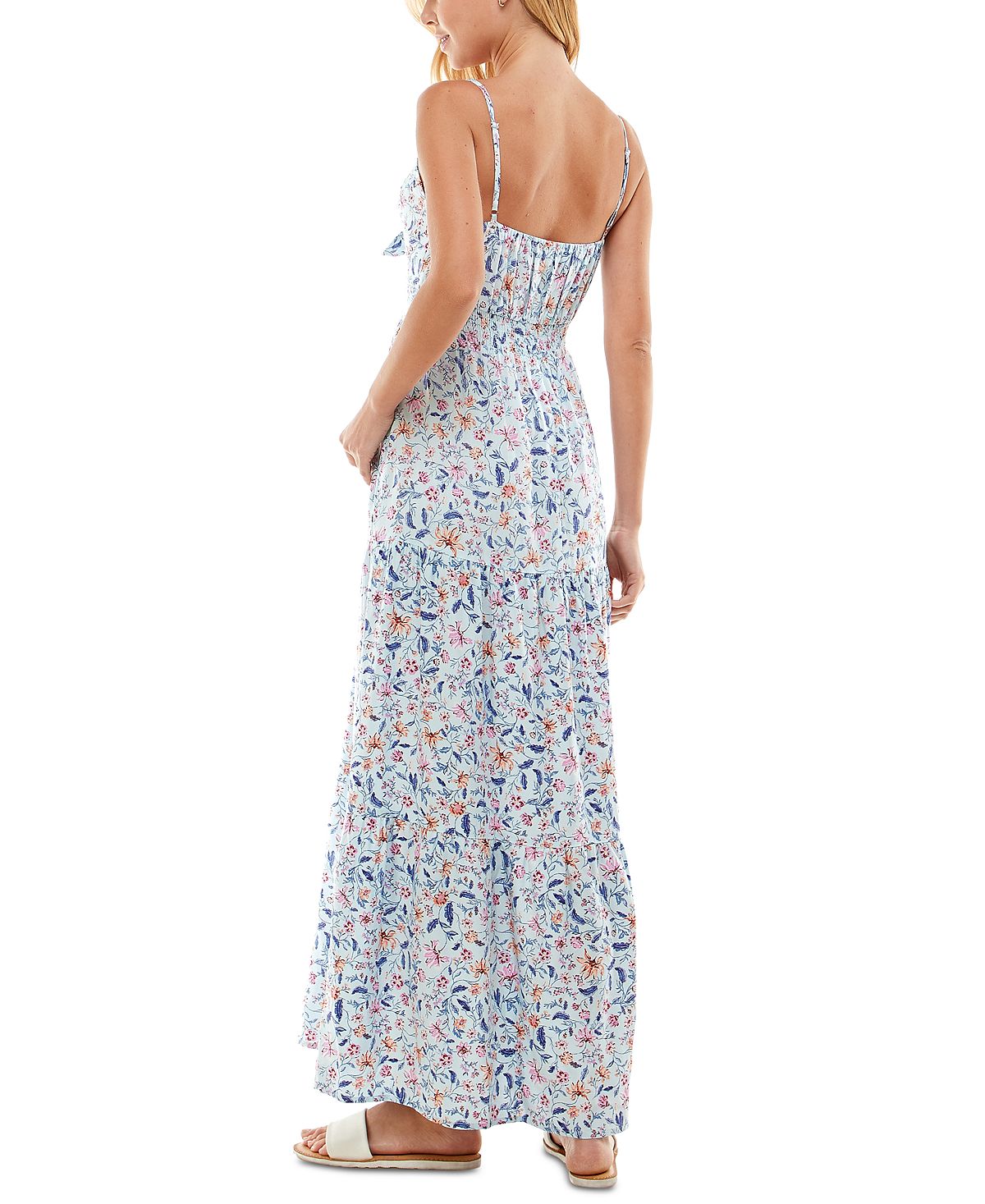 Kingston Junior's Floral Tie Front Tiered Maxi Dress Blue Size Medium