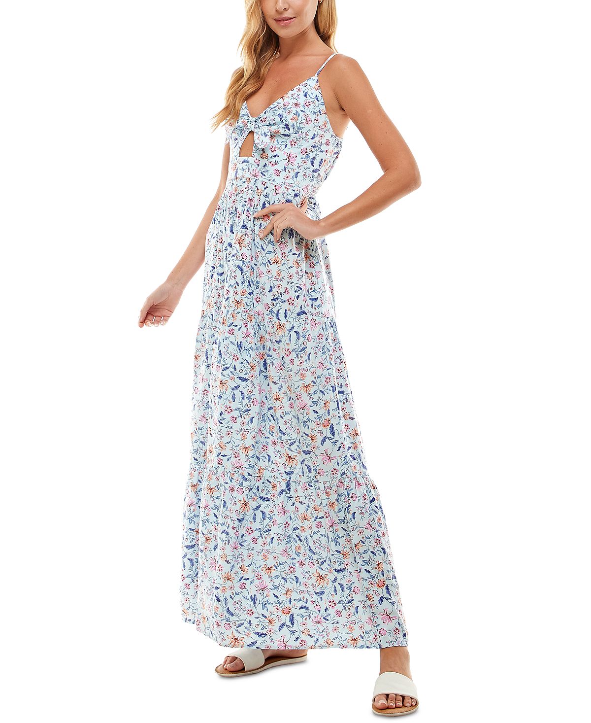 Kingston Junior's Floral Tie Front Tiered Maxi Dress Blue Size Medium