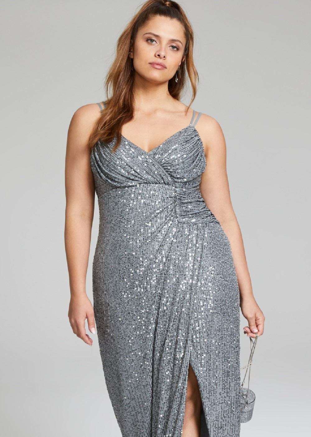City Studios Junior's Ruched Metallic Gown Gray Size 14