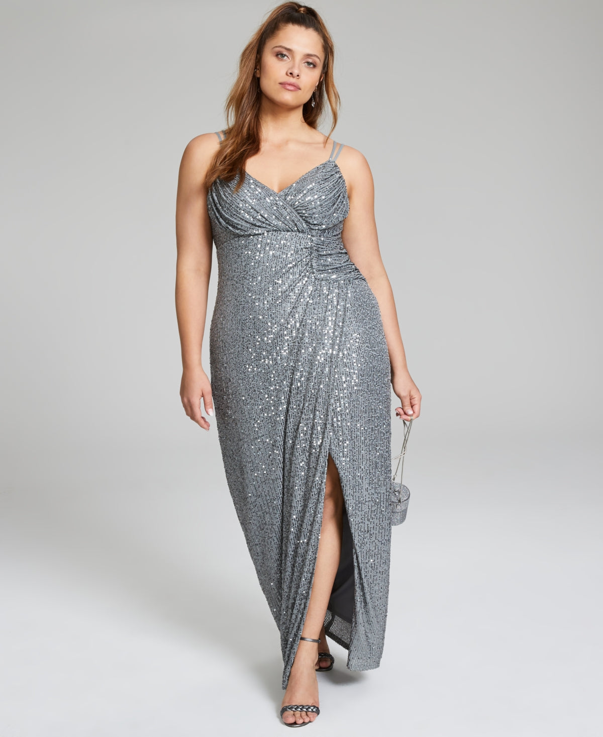 City Studios Junior's Ruched Metallic Gown Gray Size 14