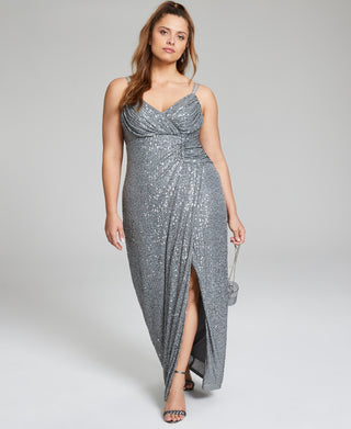 City Studios Junior's Ruched Metallic Gown Gray Size 14