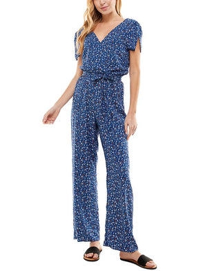 Kingston Junior's Floral Print Tie Waist Jumpsuit Blue Size Small