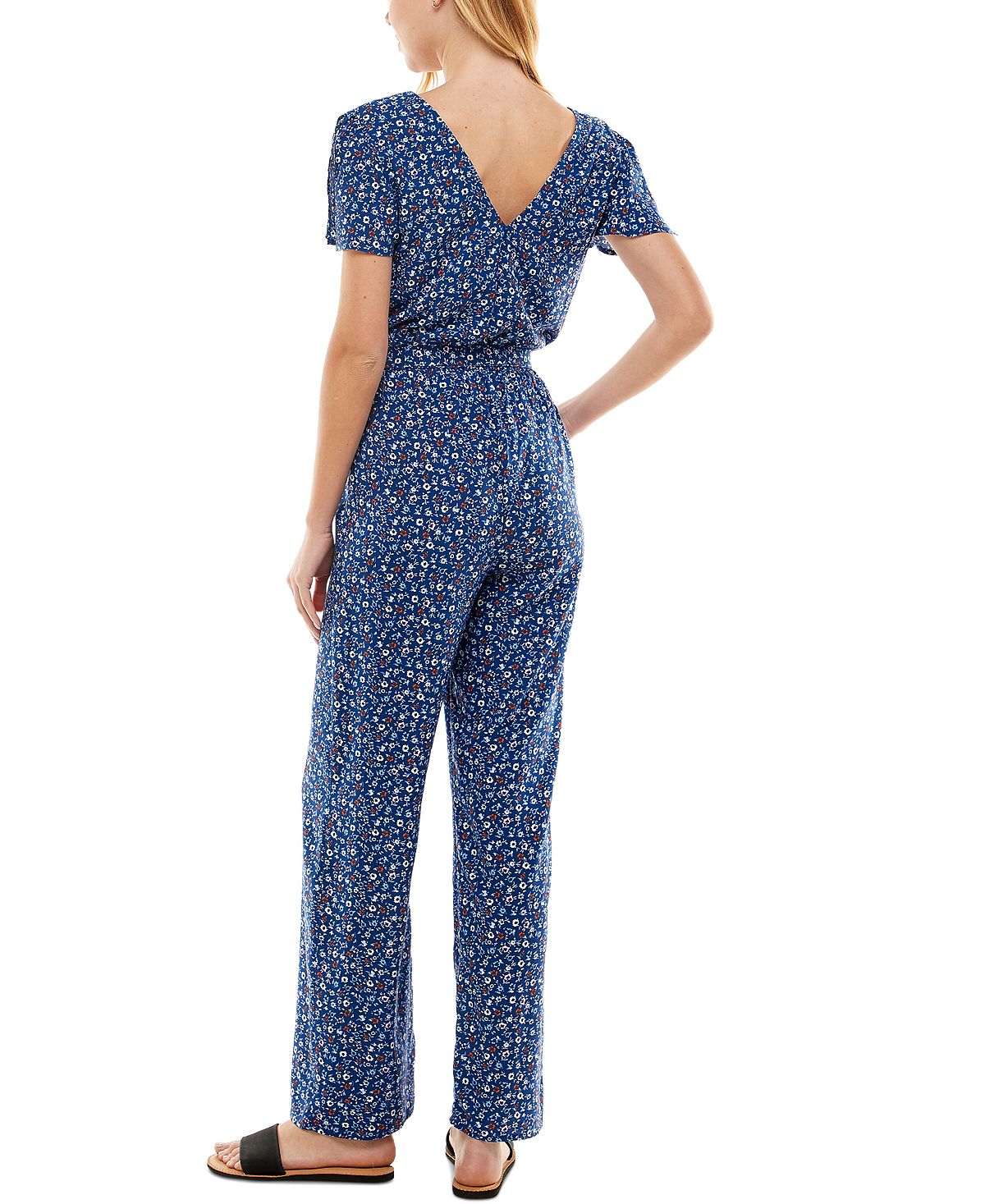 Kingston Grey Women's Floral Tie Waist Jumpsuit Blue Size Large