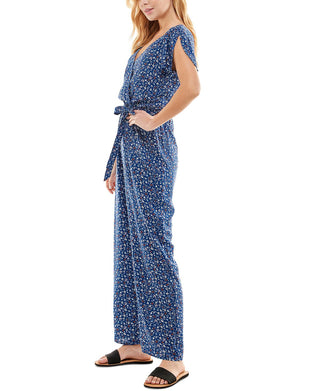 Kingston Grey Women's Floral Tie Waist Jumpsuit Blue Size Large