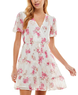 City Studios Junior's Tiered Tie Waist Dress Pink Size Medium