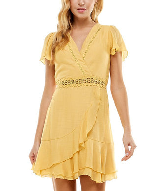 City Studios Junior's Ruffled Faux Wrap Dress Yellow Size Small