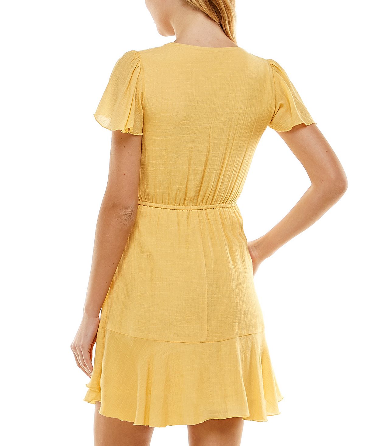 City Studios Junior's Ruffled Faux Wrap Dress Yellow Size Small