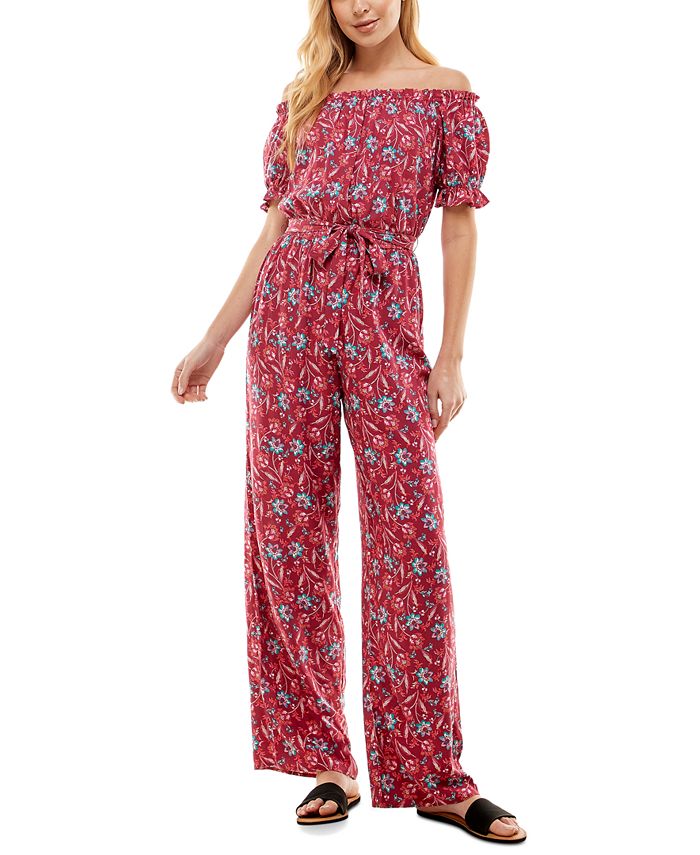 Kingston Grey Junior's Floral Print Off The Shoulder Jumpsuit Red Size Medium